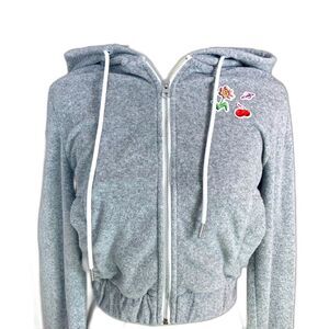 Kirsh Gray Cropped Hoodie Zip Up Sweatshirt Cherry Flower Patch Size 1 Juniors